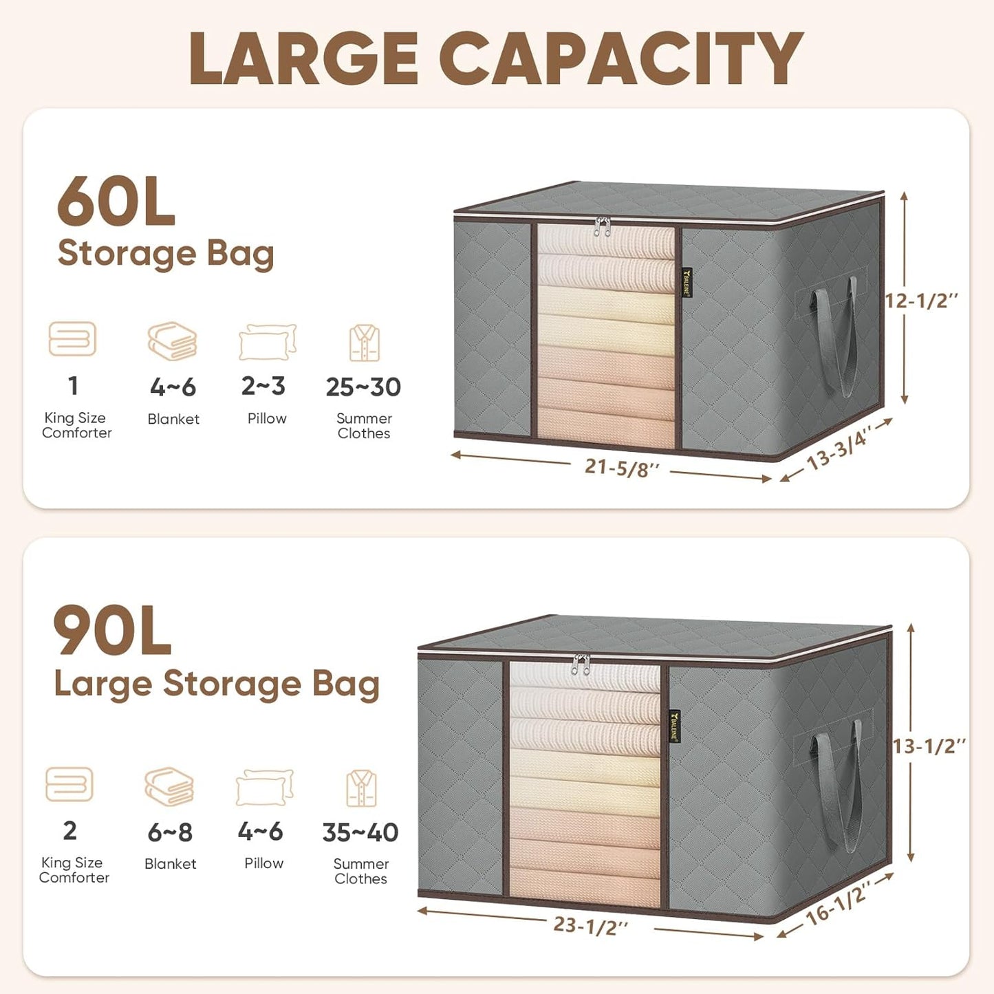 BALEINE 3 Pack Clothes Storage Bags, 16 Gallon Storage Containers with Reinforced Handle, Sturdy Zipper, Closet Organizer for Blanket, Comforter, Pillow, Bedding (Grey, 3 Pack)