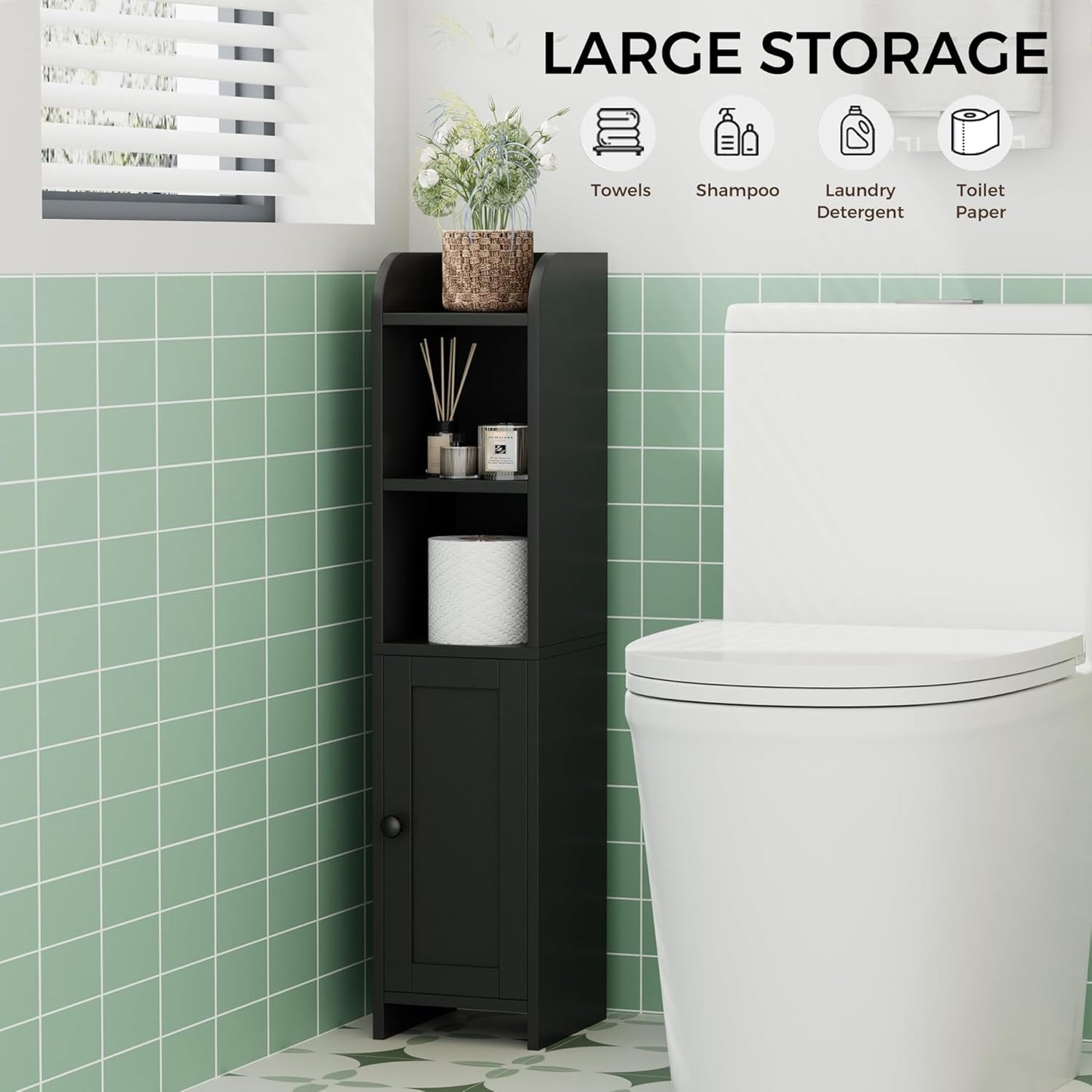 Homhedy Small Bathroom Storage Corner Floor Cabinet with Door and Shelves, Beside The Toilet Paper Stand for Skinny, Narrow Toilet Paper Cabinet, 7.9" D x 7.1" W x 31" H, Black