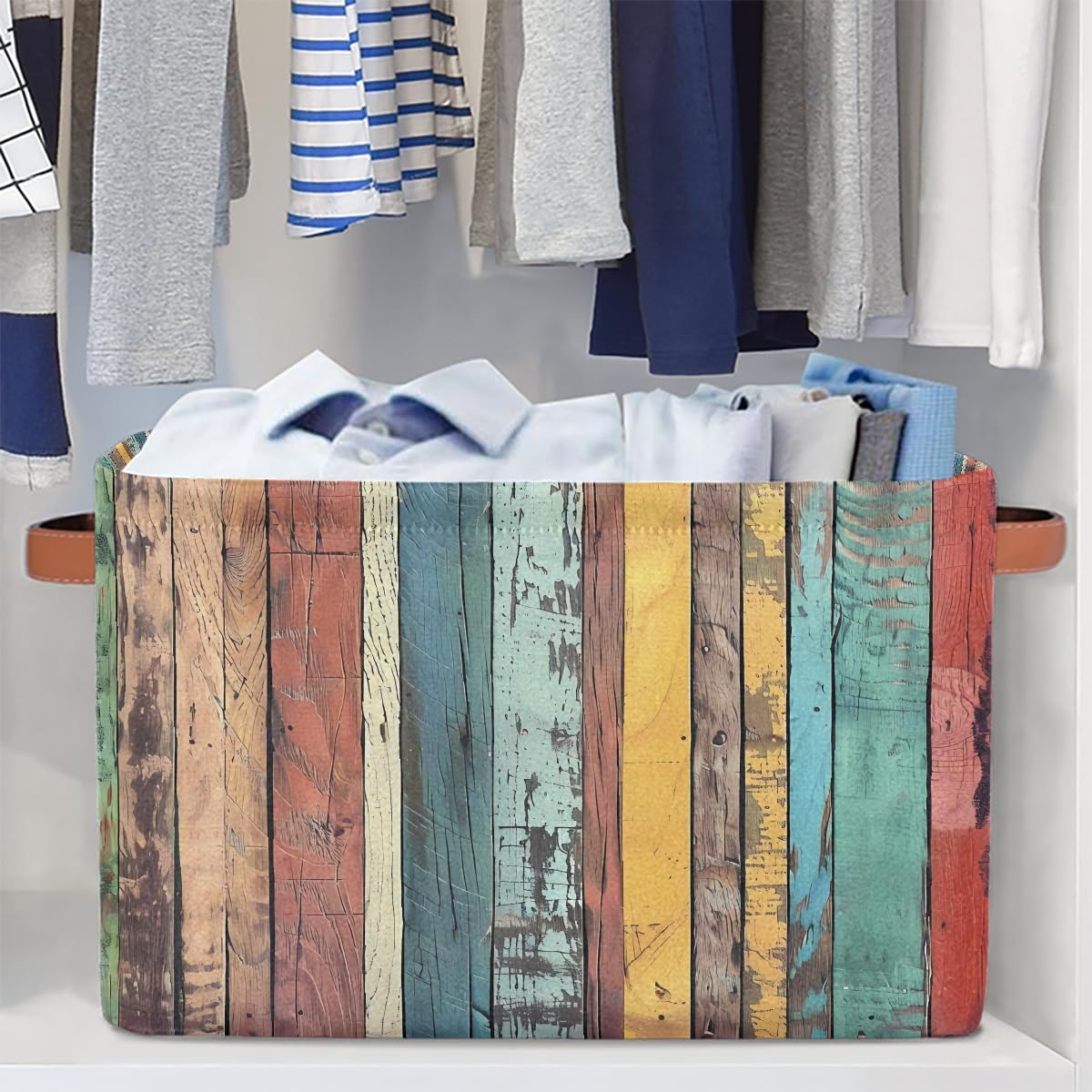 Rustic Wooden Storage Basket for Shelves, Storage Bins with Handles, Collapsible Basket for Organizing, Closet Toy Baskets for Nursery Room, 15x11x9.5 in, Canvas, Rainbow Colored