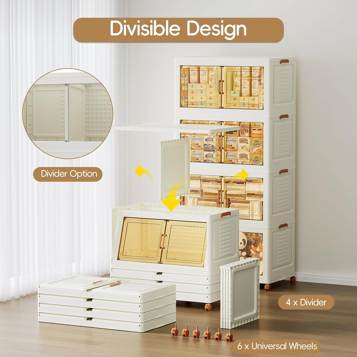 JEKO&JEKO 800Qt Foldable Storage Bins with Lids, Doors & Dividers, Stackable Plastic Drawers with Wheels for Home, Closet & Garage Organizer, 4 Pack, Cream