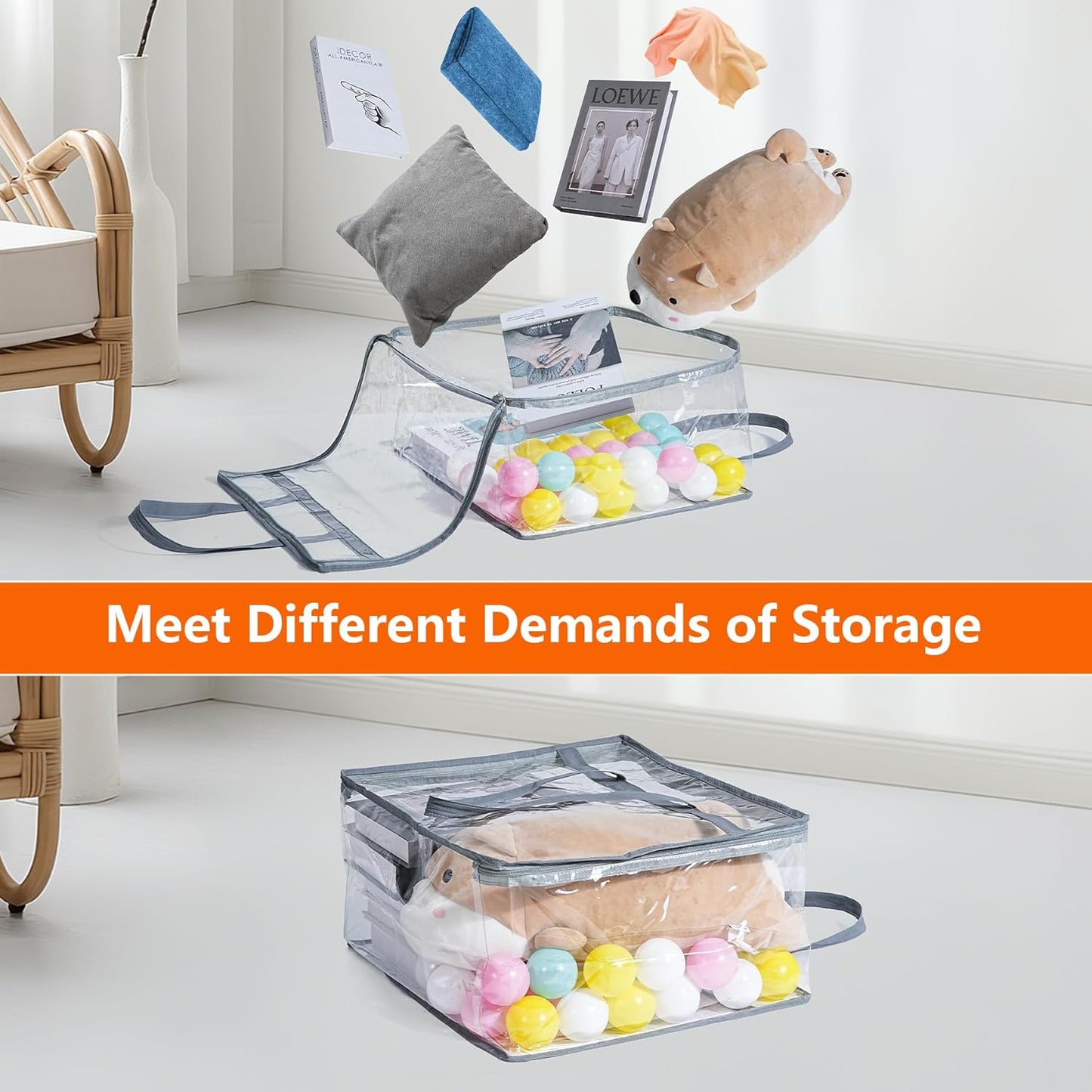 Budding Joy Clear Zippered Storage Bags for Clothes,40L Closet Organizers and Storage Containers Vinyl Moving Bag for Bedding, Linen, Blankets, Comforters, Clothing & Toys, Grey, 2 Pack