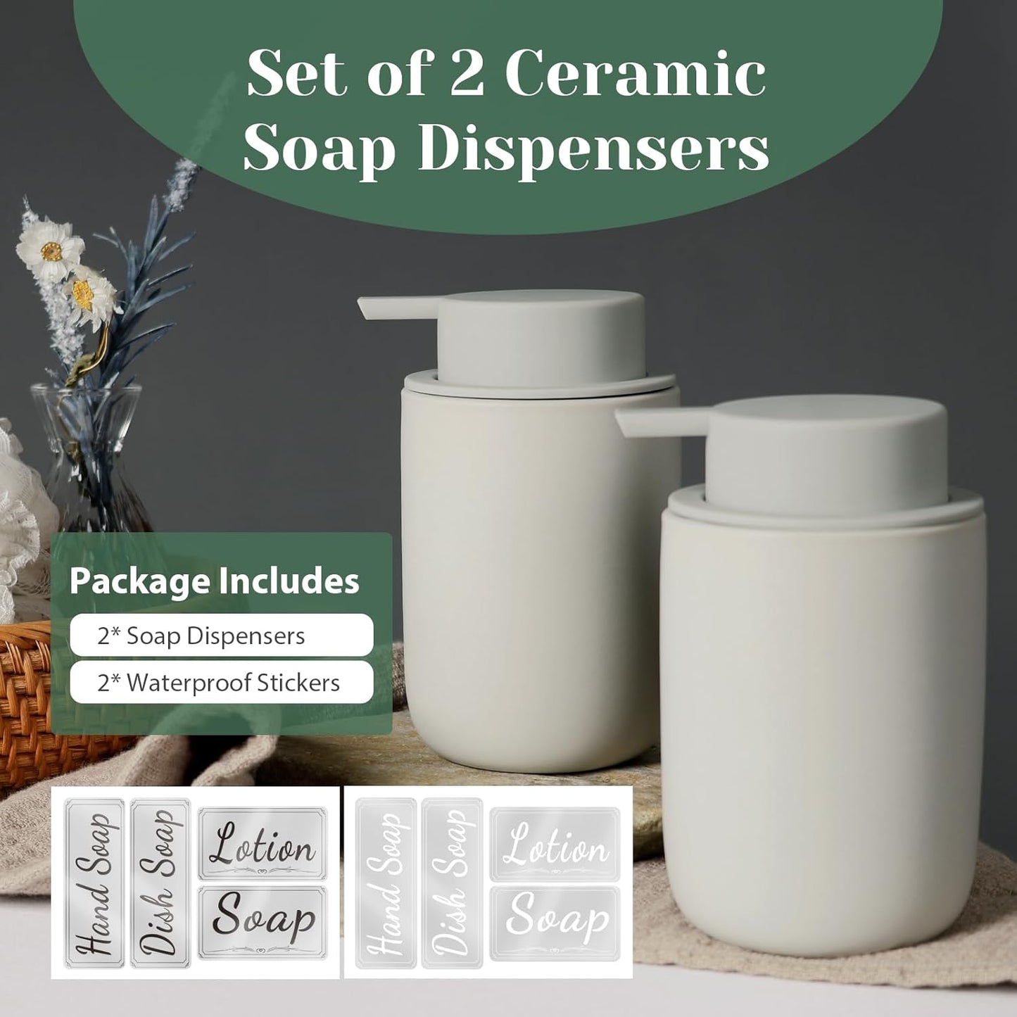 INGOFIN Ceramic Foaming Soap Dispenser Set, 2 Pack (12 oz) Bathroom Foam Hand Soap Dispenser with Pump, Hand and Dish Dispenser Set with 8 Pcs Clear Stickers,for Kitchen- Grey