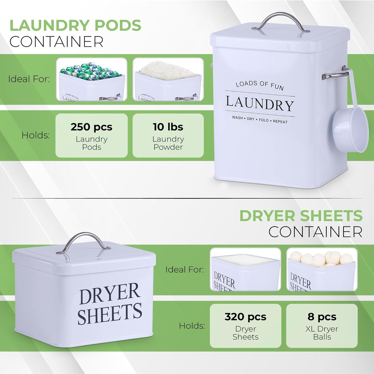 2 Pack Laundry Detergent Container and Dryer Sheet Holder Dispenser with hermetic seal,Farmhouse Laundry Room Organization Containers, Large Metal Laundry Detergent Powder Storage with Scoop