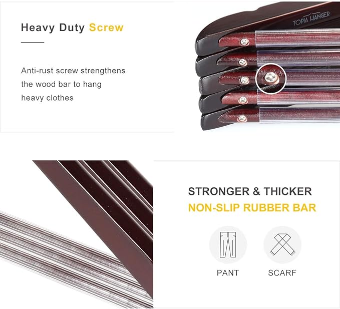 TOPIA HANGER Luxury Wooden Suit Hangers for Closet - Cherry Wood With Extra Thick Hook and Non-Slip Pants Bar, Heavy Duty Coat Hangers With Notches for Shirts - 16 Pack CT01M