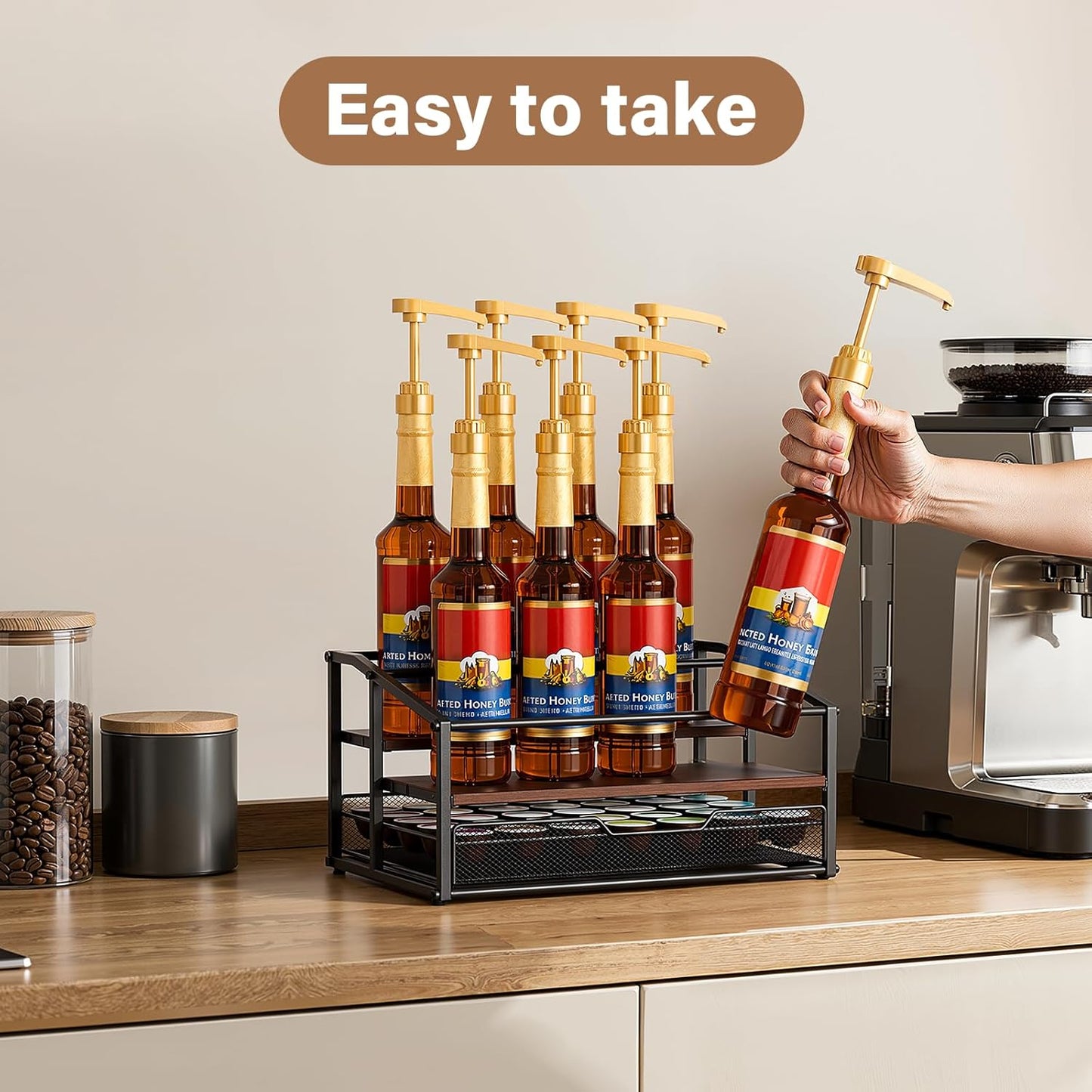 Coffee Syrup Rack Organizer, 3-Tier 8 Bottle Syrup Rack with 35 K Cup Drawer for Coffee Bar, Countertop Bottle Holder Stand for Dressing for Kitchen Cafe Station