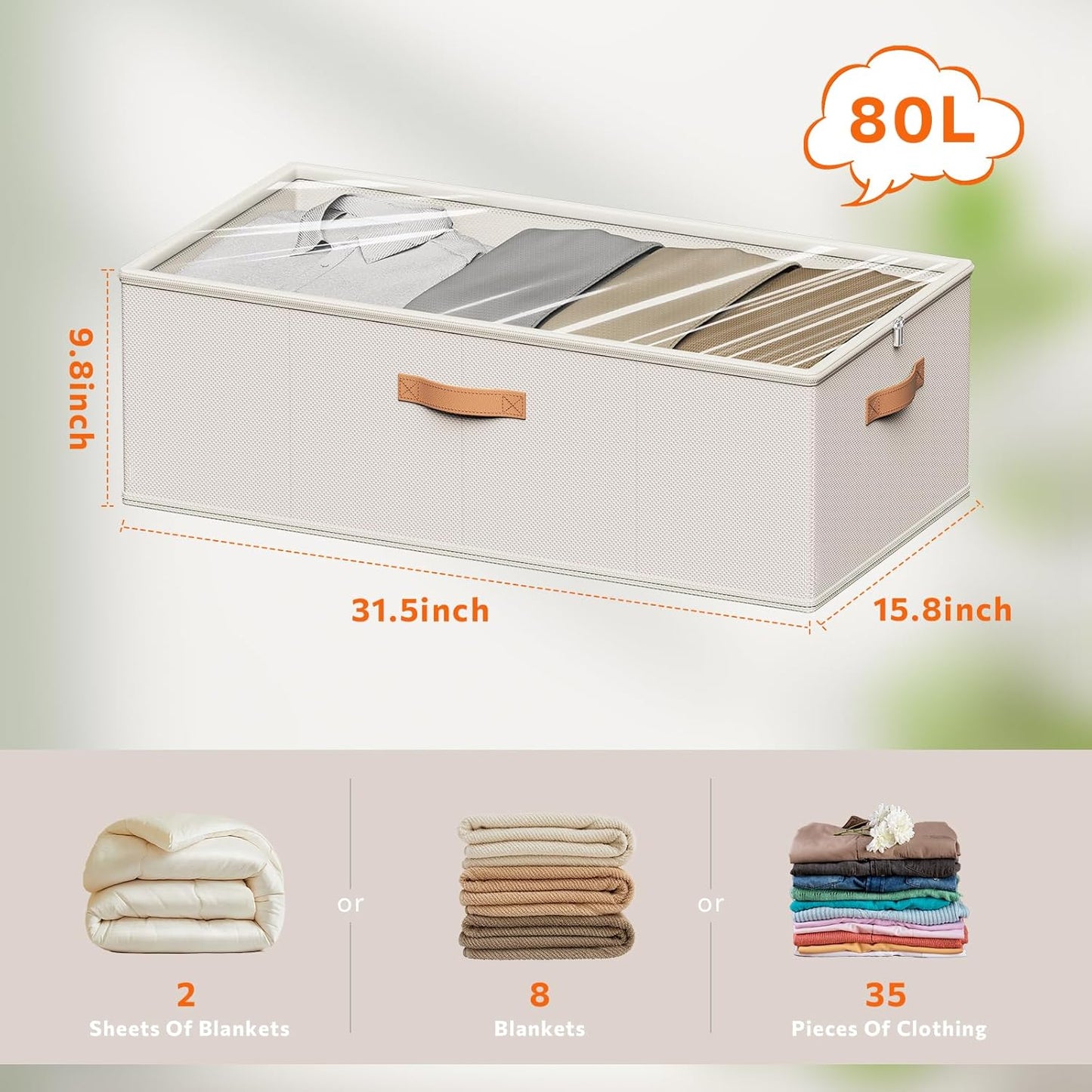 10 Inch 2 Pack Under Bed Storage Containers, 10 Inch Tall Underbed Clothes Storage Organizer Bin with Clear Window，Foldable Box Basket for Clothes, Closet, Bed Sheets and Blankets White