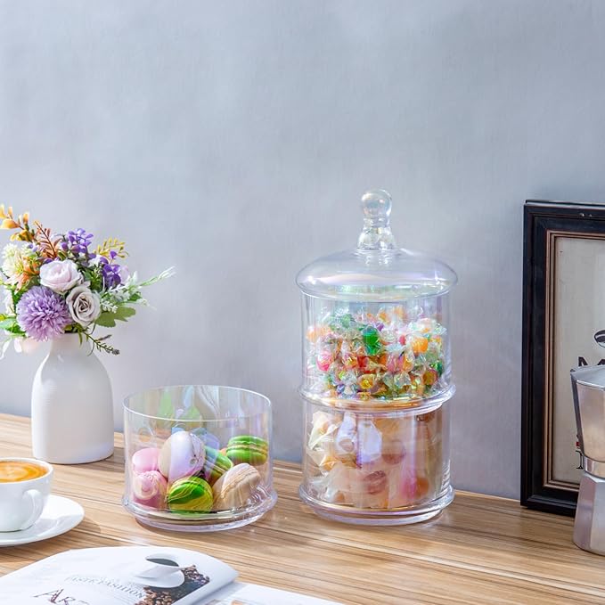 MyGift 16-Inch Modern 3-Tier Iridescent Rainbow Glass Apothecary Jars with Lids – Transparent Stacking Candy, Cookie, and Bathroom Storage Containers