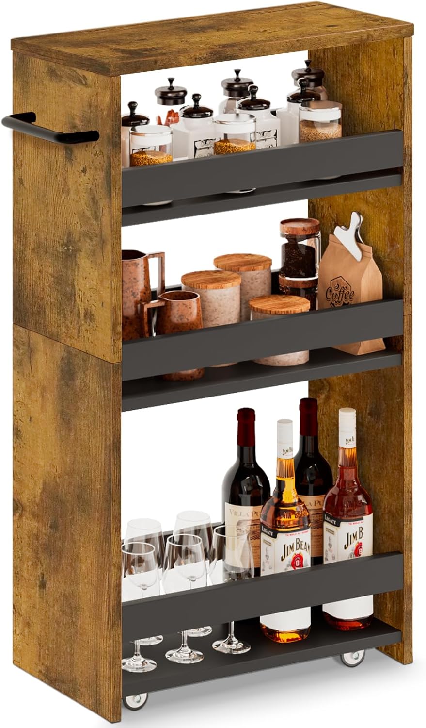 MARTY Rolling Storage Cart 7.9" W, 4-Tier Narrow Kitchen Cart with Wheels Handle, Slim Storage Mobile Shelving Utility Carts for Bathroom Laundry Room Organization Small Spaces(Rustic Brown)