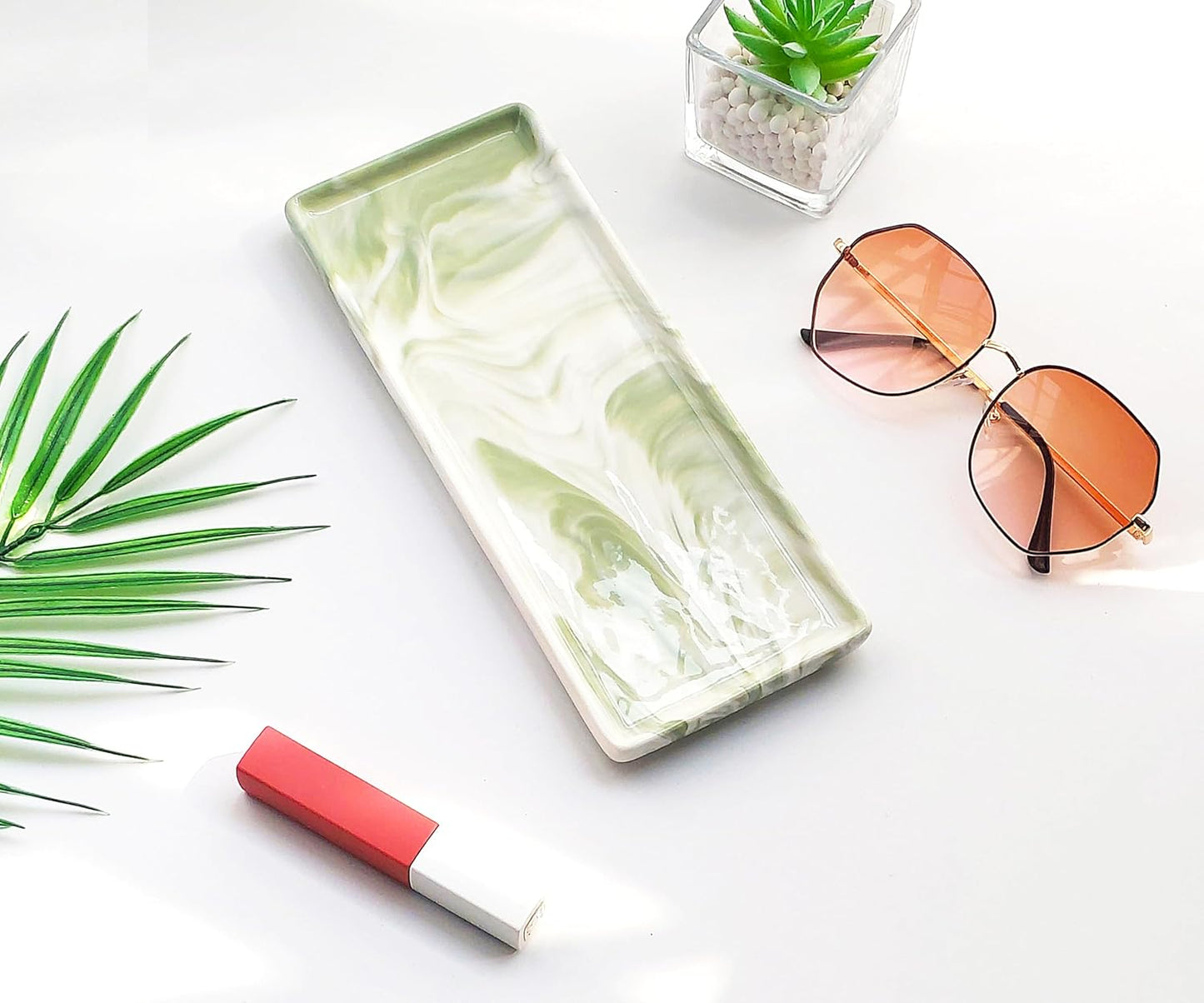 9.2" Porcelain Small Bathroom Tray, Ceramic Countertop and Vanity Tray for Cosmetics, Perfume, Jewelry, Candle - Kitchen Soap Tray for Kitchen Counter (Green)