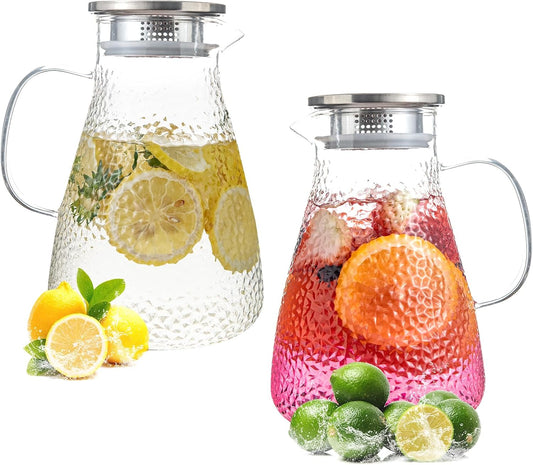 1.5 Liter 50 oz Glass Pitcher with Lid and Spout,2pcs set,Glass Carafe for Hot/Cold Water, Large Iced Tea Pitcher for Iced Coffee, Milk,Juice,Homemade Beverage,and Drinks