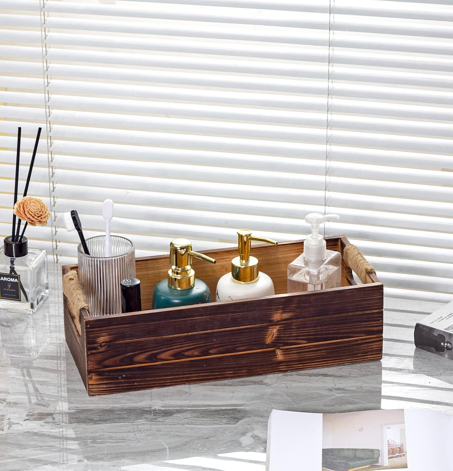 TIMRIS Rustic Wooden Toilet Paper Holder, Farmhouse Bathroom Decor, Tank Basket, Decorative Storage Container (Rustic Brown)