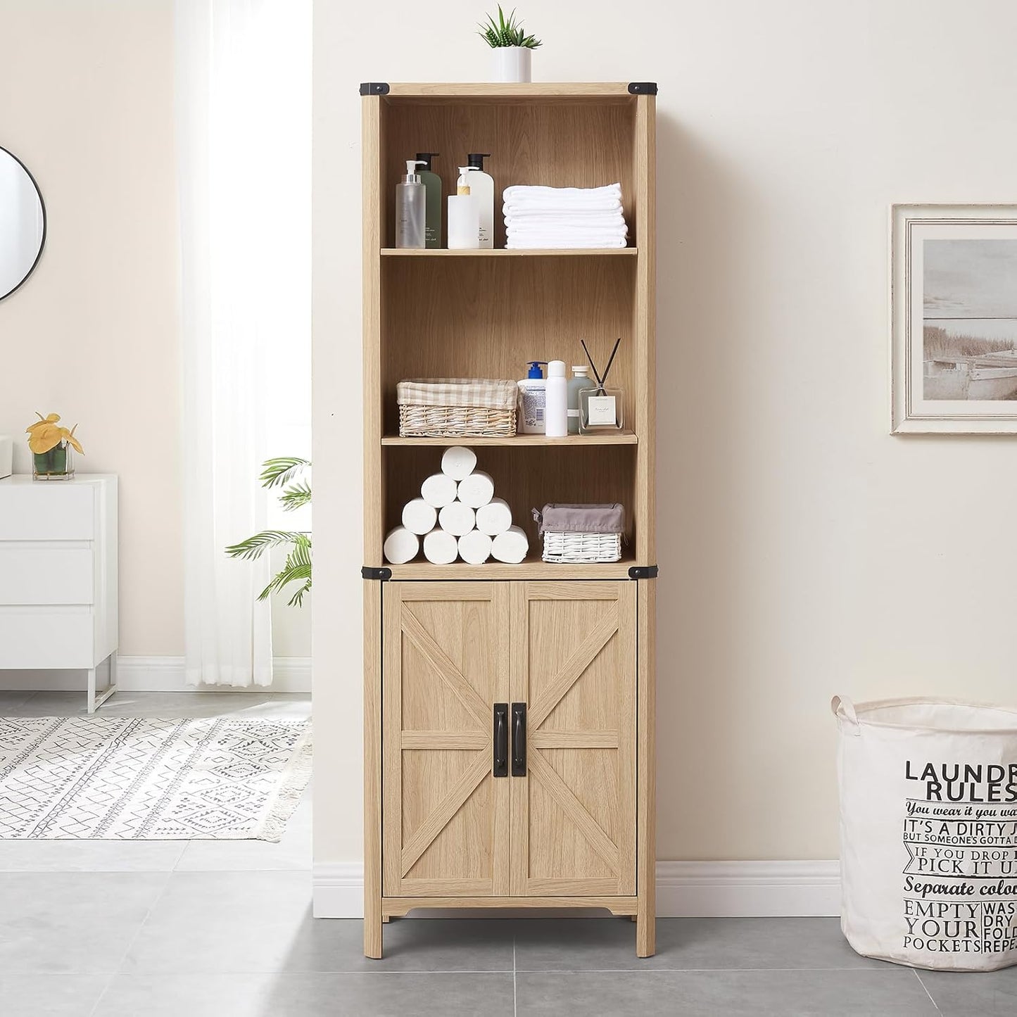 70.87 Tall Storage Cabinet, Farmhouse Storage Cabinet with 2 Barn Doors and Adjustable Shelves, Bathroom Organizer for Living Room, Entryway, Kitchen (Natural Oak)