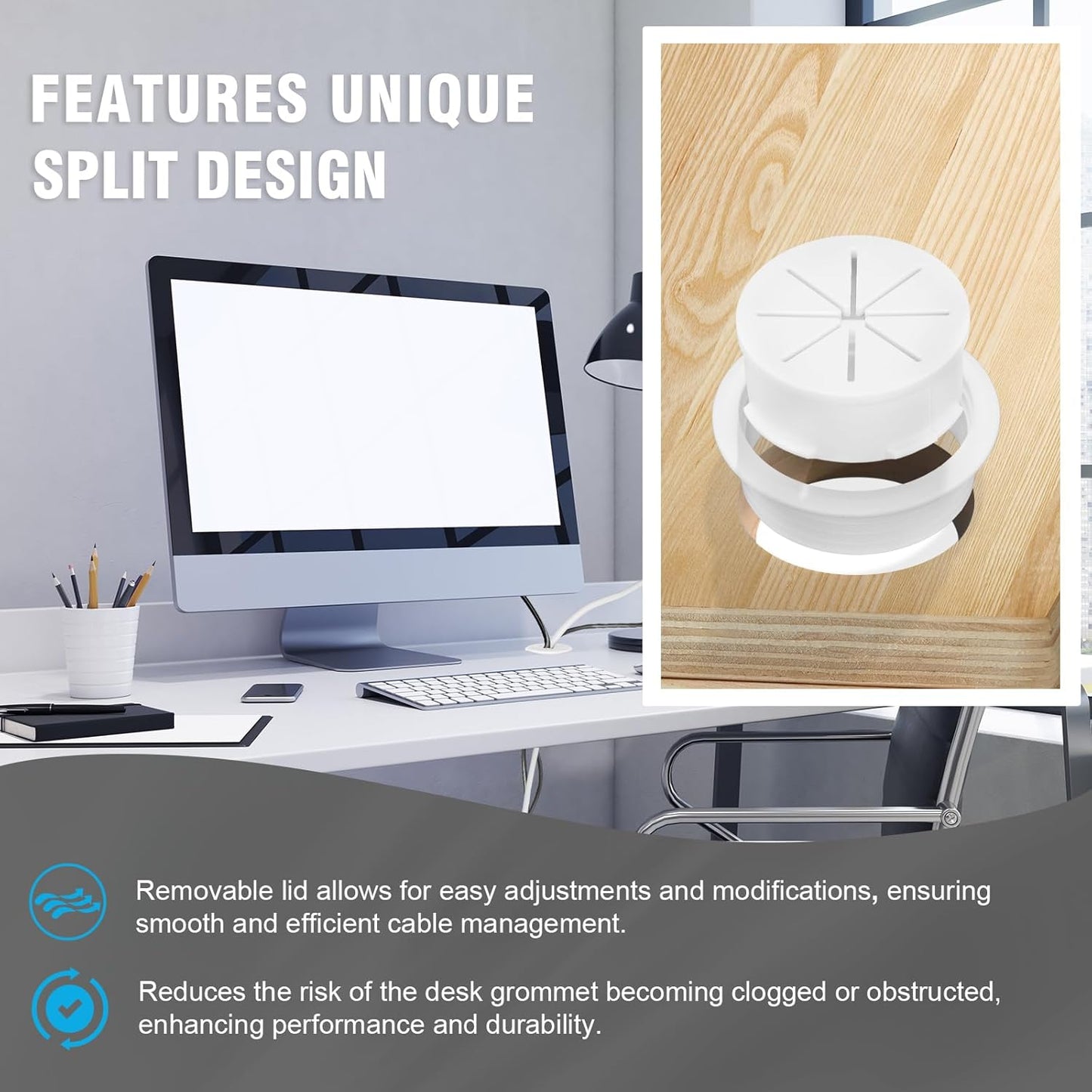 2" White Desk Grommet, JTemgle Flexible Cable Grommet Plastic Cable Hole Cover Wire Organizer Caps Desktop Cord Management for Home Office TV Stands Tabletops, 5 Pieces