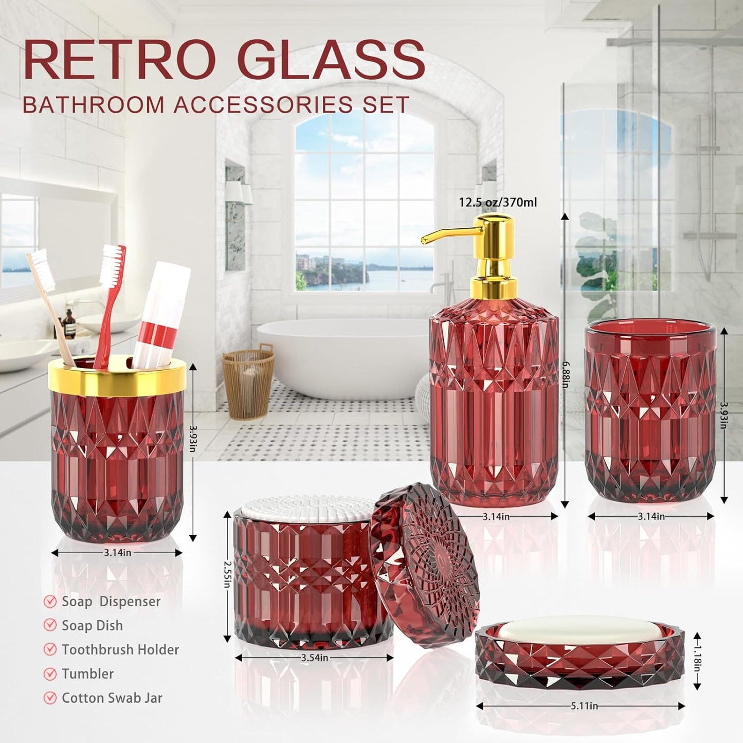 5Pcs Bathroom Accessories Set, Glass Soap Dispenser Set with Rust Proof Stainless Steel Pump, Soap Holder, Toothbrush Holder, Tumbler, Cotton Swab Jars, Red Bathroom Set Bathroom Decor Sets Gift