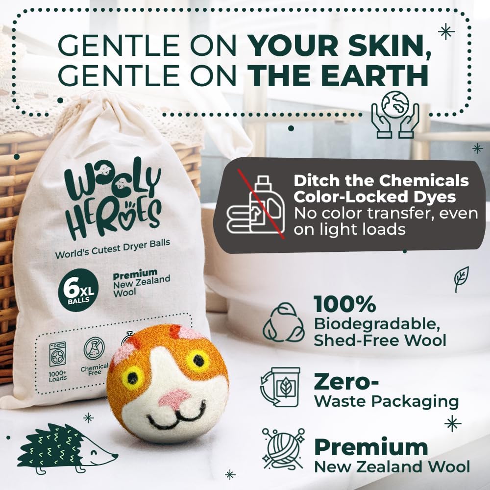 No More Dryer Sheets! Reusable Wool Dryer Balls XL 6-Pack - Reduces Static, Cuts Dry Time, & Softens Naturally