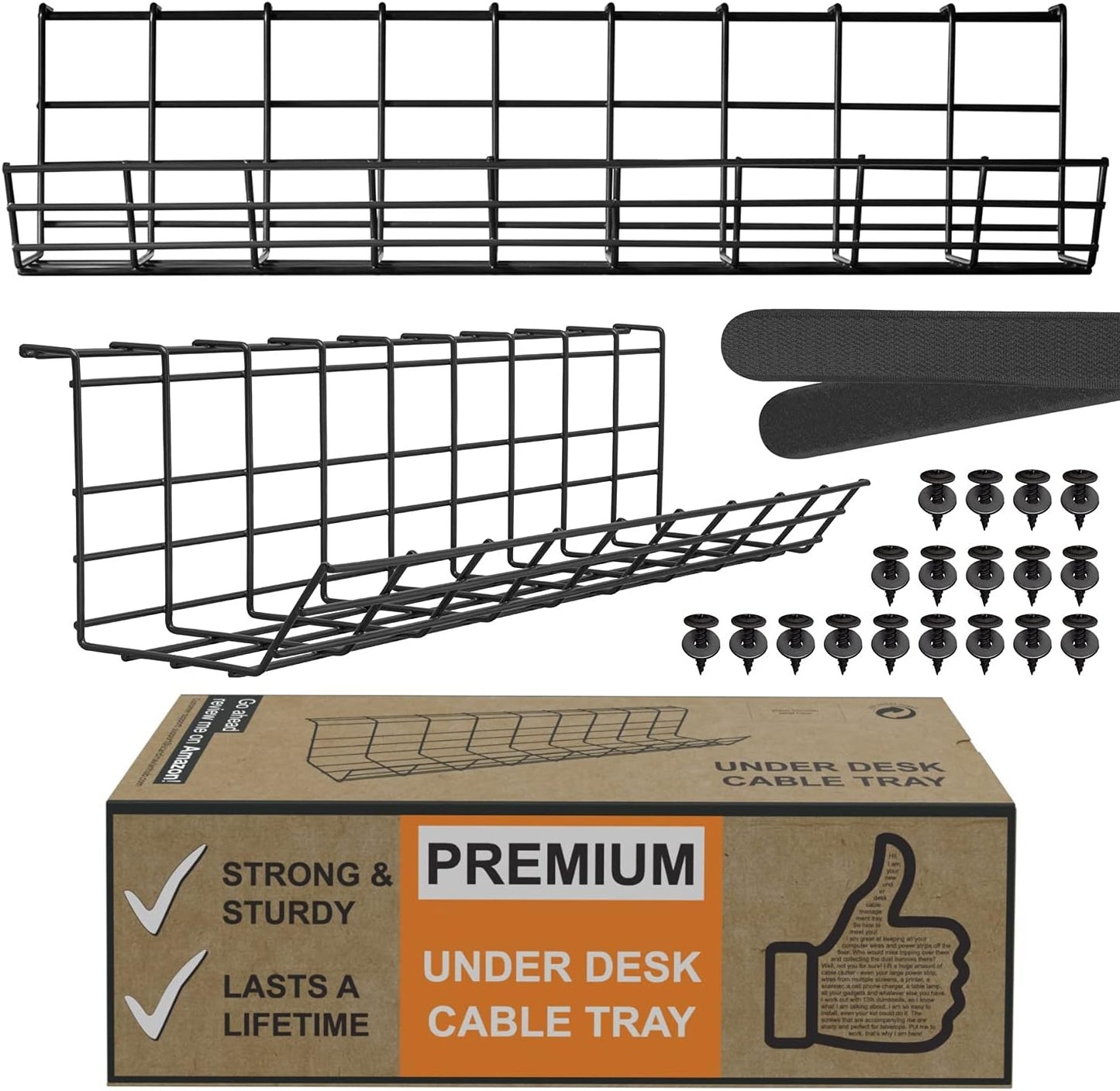 Under Desk Cable Management Tray, Cord Organizer for Wire, Cord Management Under, Wire Holders - Black Tray - Set of 2X 17