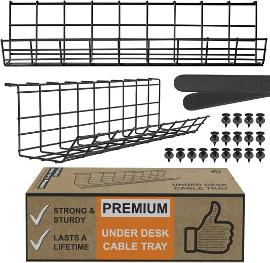Under Desk Cable Management Tray, Cord Organizer for Wire, Cord Management Under, Wire Holders - Black Tray - Set of 2X 17