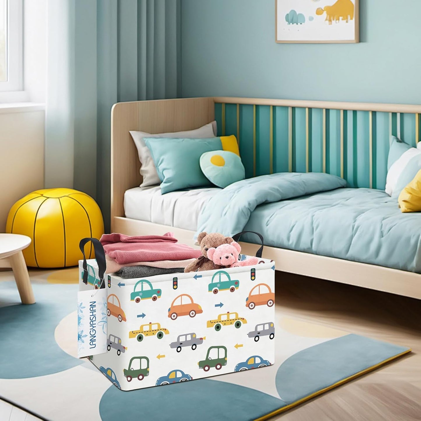 LANGYASHAN Rectangular Storage Bin Collapse Canvas Fabric Cartoon Storage Basket with Handles for Organizing Home Kitchen Boys and Girls Toys Office Closet Shelf Baskets(Rec Color Cars)