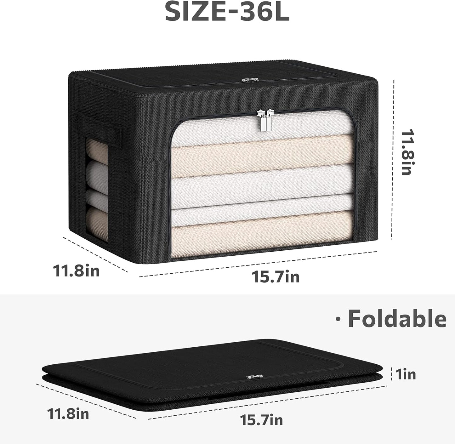 CYhom 3Pack Foldable Storage Bins - Frame Storage Box Linen Fabric Stackable Clothes Container Organizer with Clear Window & Carry Handles Large Capacity (Medium-36L, Black)