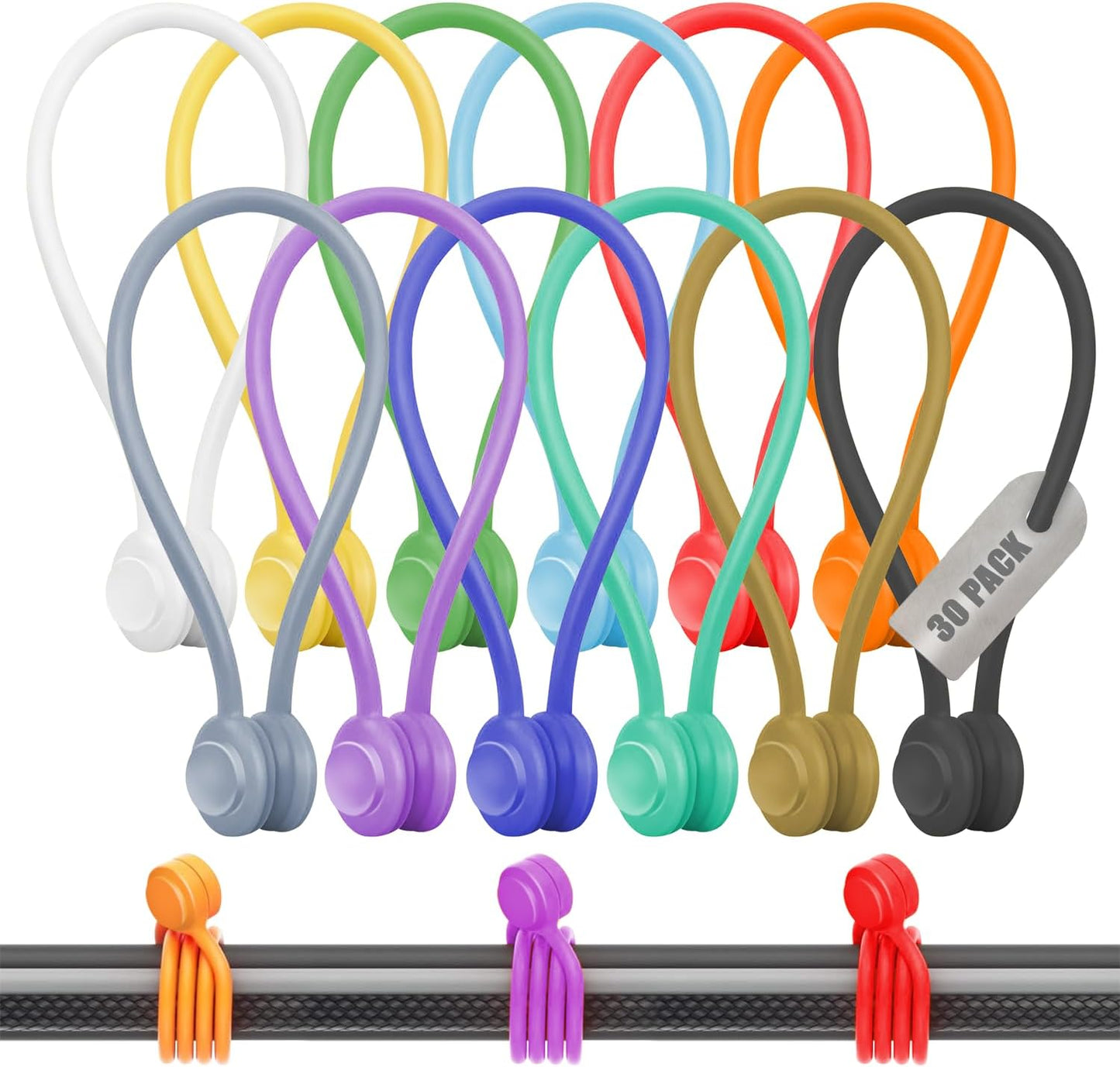 30-Pack Magnetic Cable Ties – Snap-On Silicone Magnetic Cord Ties with Strong Magnets – Reusable Magnetic Ties for Cords, Wire Organizer, Charging Cord Organizer – Assorted Colors
