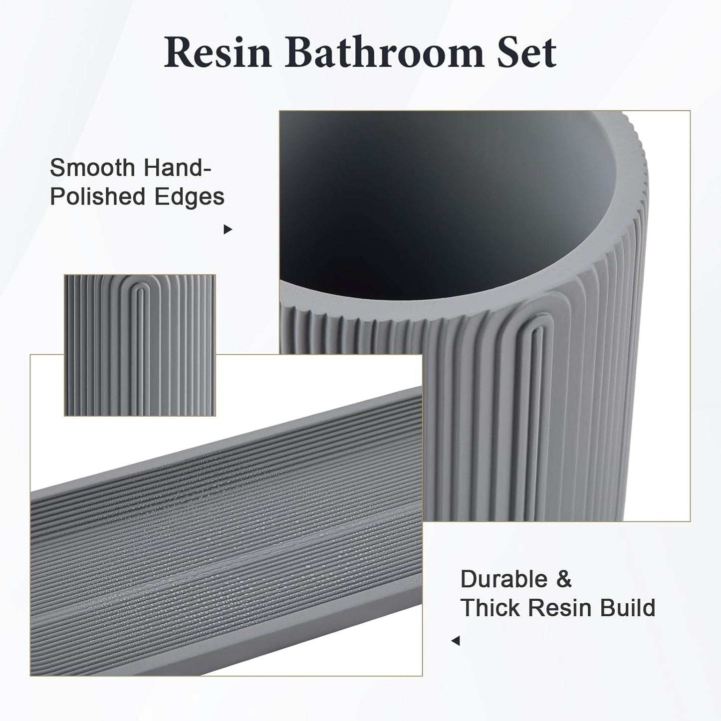 Bathroom Accessories Set - 7-Piece Resin Bathroom Set, Toothbrush Holders Set, Soap Dispenser, Qtip Holder Dispenser, Tumbler, Soap Dish & Tray, Modern Bath Decor for Home Dorm Hotel (Grey)