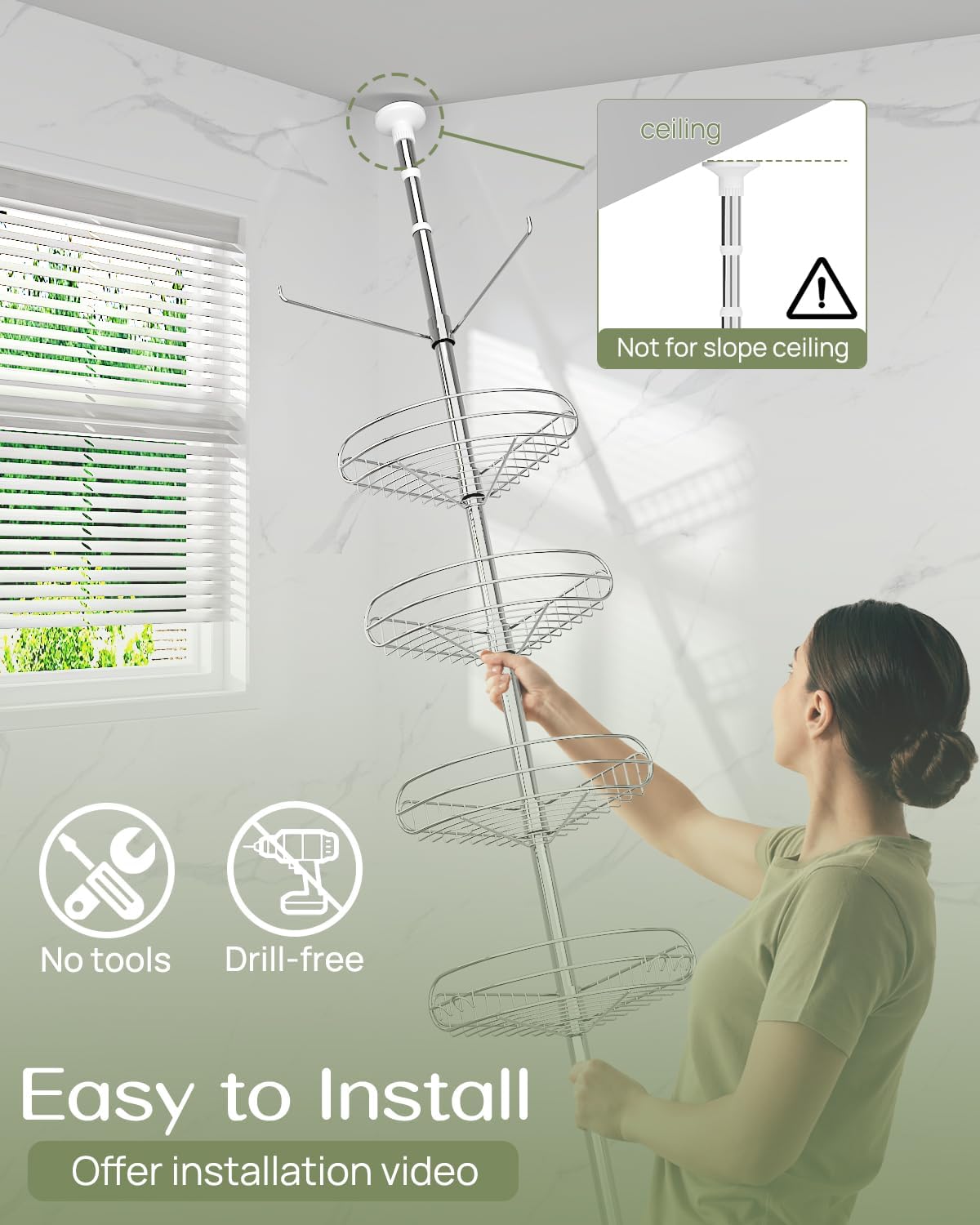 ALLZONE Corner Shower Caddy Tension Pole, 4-Tier Adjustable Shelves, Rustproof Bathroom Shower Organizer Corner for Inside Shower Storage, Tension Mounted, 56 to 113 Inch Height, Sliver