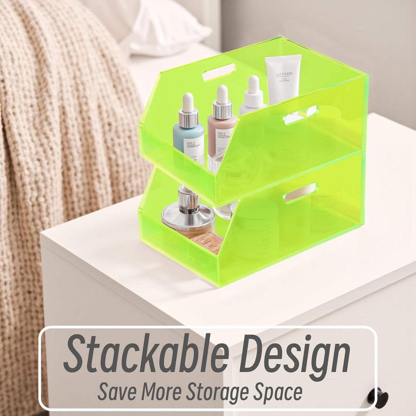 Stackable Large Storage Bin Organizer with Handles Acrylic Storage Container for Toy Pantry Kitchen Cabinet Bathroom Closet Office Organization, 15.4x11.4x6.7'', Neon Green