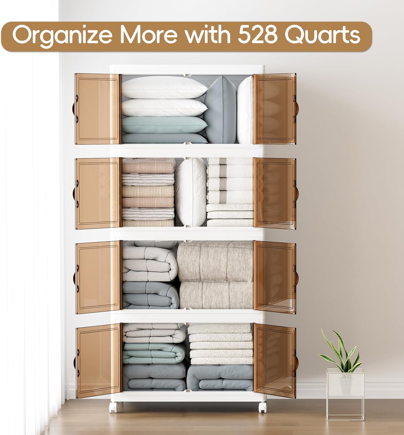 JEKO&JEKO 528Qt Stackable Storage Bins with Lids and Wheels, Foldable Collapsible Plastic Boxes for Clothes, Home, White, 4 Pack