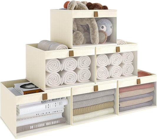 Linen Closet Organizers and Storage, Closet Storage Bins Basket Organizer, Foldable Organization Baskets with Mesh Window for Clothes Towels and Toys, 10.75" x 10.75" x 7.5", Beige, 6 pack