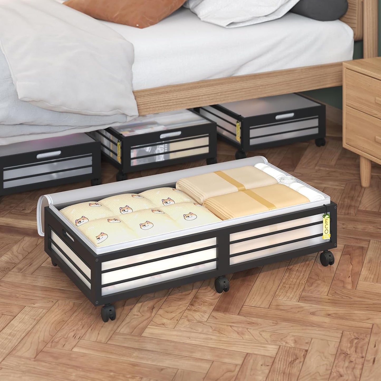 Under Bed Storage Containers with Wheels, Larger Bamboo Wood Under Furniture Storage Containers with Dust Bags，Rolling for Shoes Clothes