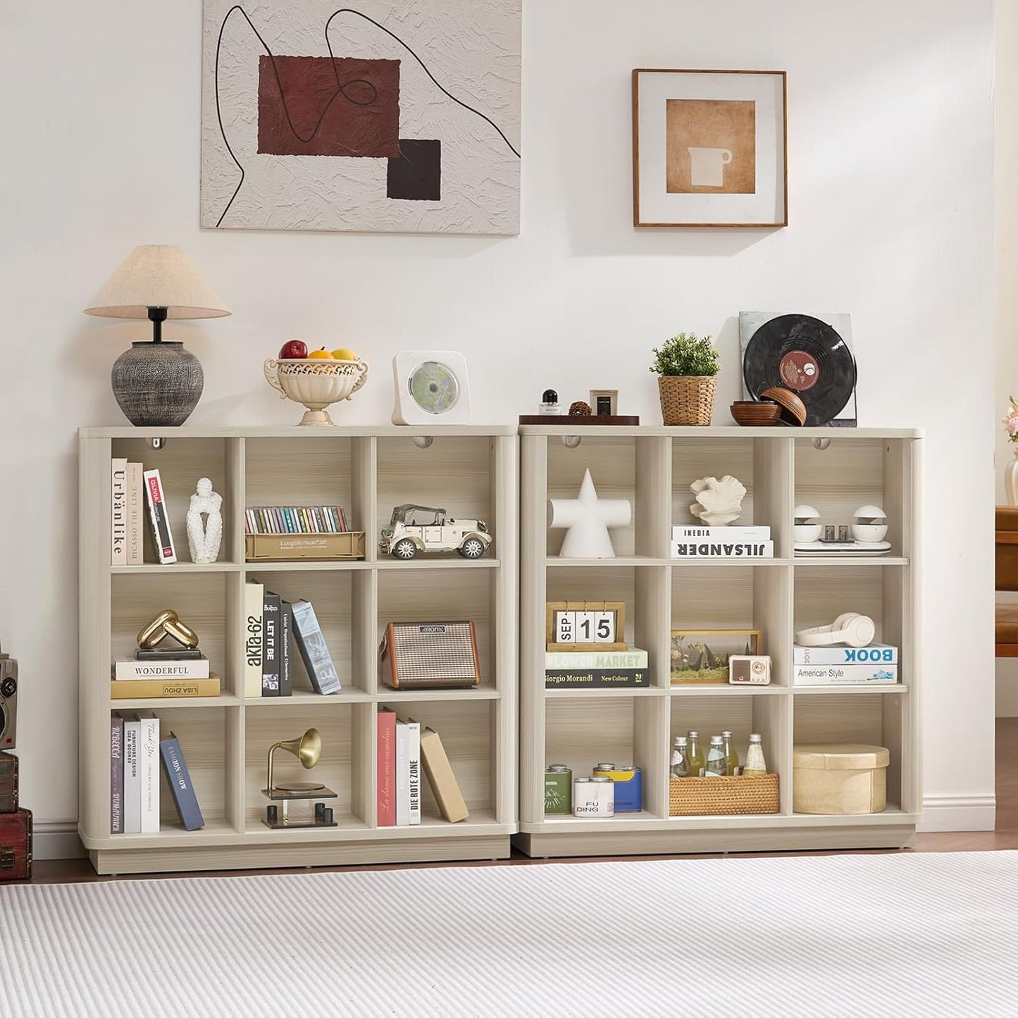 9 Cube Storage Book Shelf, 41" Tall Organizer Bookcase with Curved Edge, Wood Floor Standing 3-Tier Cubby Bookshelf with Base, Vintage Display Book Case for Bedroom, Office, White Cream Oak