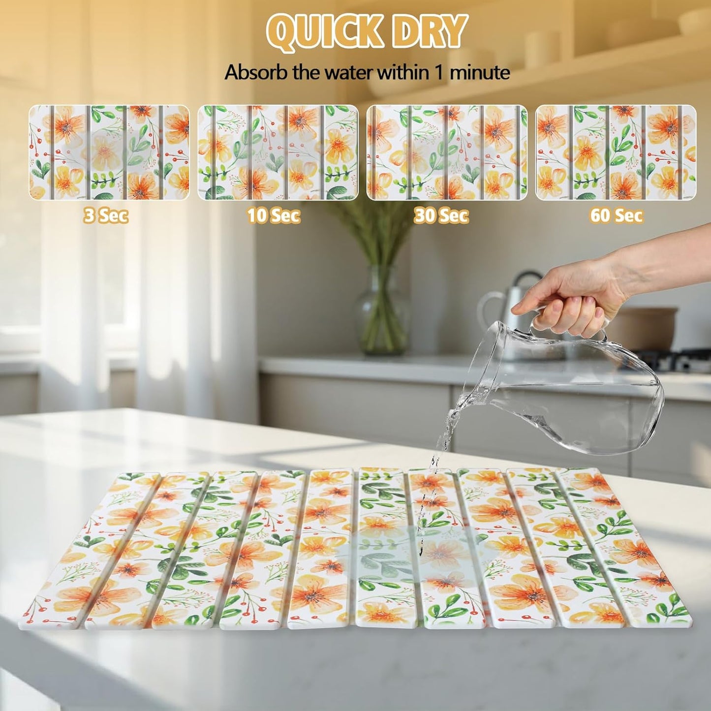 Stone Dish Drying Mat for Kitchen Counter, 24×16" Floral Diatomaceous Earth Drying Stone Mat, Foldable Quick Dry Kitchen Flower Stone Mat for Countertops, Bathroom, Sink & Home Decor