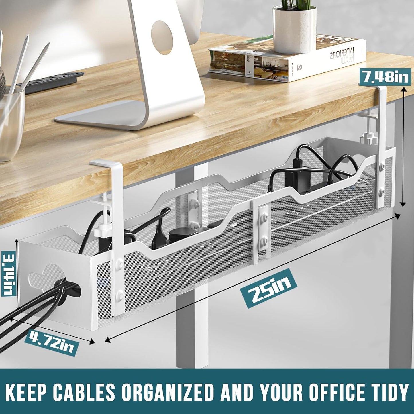 Under Desk Cable Management Tray White, Litwaro Cable Management Under Desk No Drill, 25'' Cable Tray with Clamp for Wire Management, Cord Organizer for Office, Home - No Damage to Table