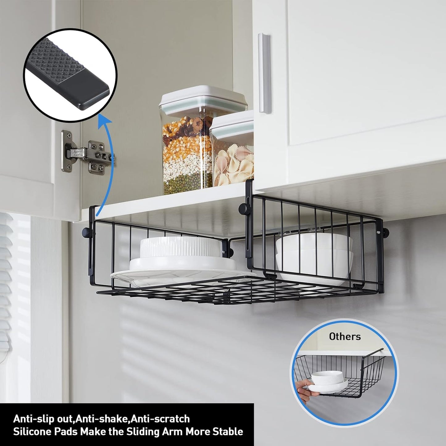 2 Pack Hanging Under Shelf Storage Basket,Adjustable Under Cabinet Add-on Storage Racks Slide-in Baskets Organizer for Laundry Room Kitchen Pantry Desk Bookshelf, Black