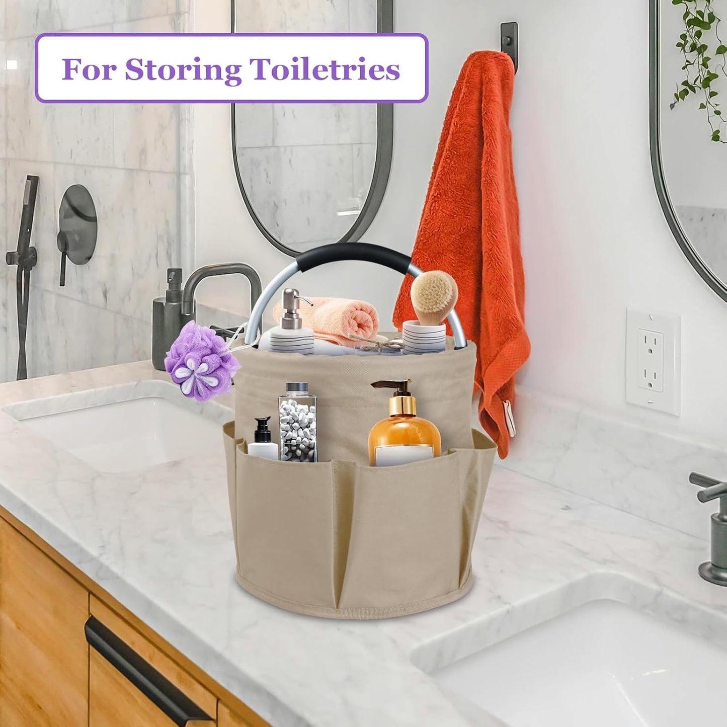17L Cleaning Supply Caddy with Soft Handle, Portable Shower Caddy in 600D Oxford Fabric, Garden Tool Organizer Bag, Multifunctional Storage Basket for Bathroom, Garden, Khaki