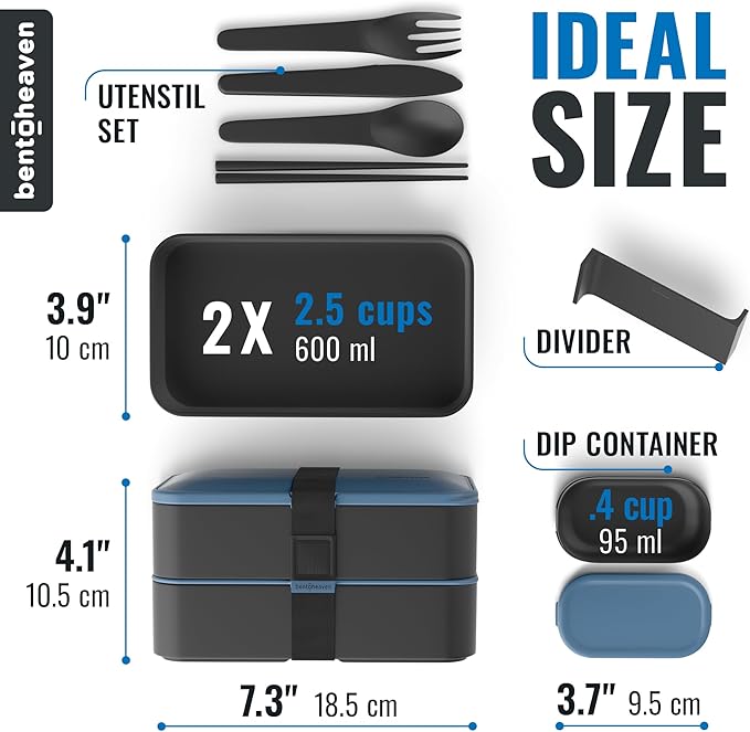 Bentoheaven Premium Bento Box Adult Lunch Box with Compartments for Women & Men, Set of Utensil & Chopsticks & Dip Container, Cute Japanese Kids Bento Lunch Box, Microwavable (Steel My Heart)