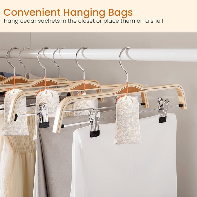 Homode Cedar Blocks for Clothes Storage, Scent Sachets for Drawers and Closets, Aromatic Cedar Wood Chips Shavings Bags, Cedarwood Hanger Rings, Pack of 10