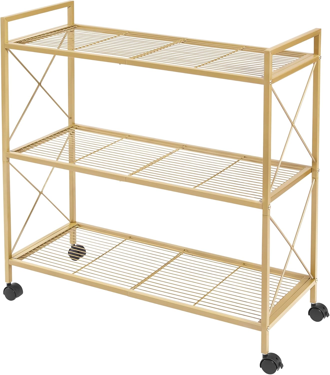 SONGMICS 3-Tier Metal Storage Rack with Wheels, Mesh Shelving Unit with X Side Frames, 31.5-Inch Width, for Entryway, Kitchen, Living Room, Bathroom, Industrial Style, Metallic Gold UBSC183A01