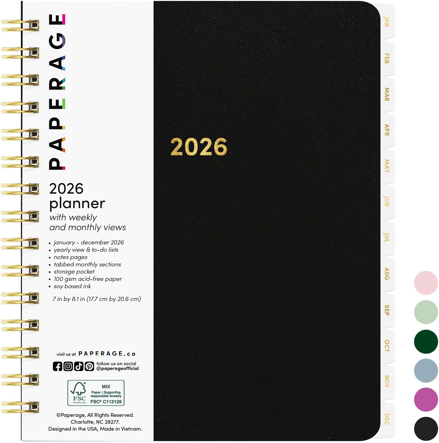 PAPERAGE 2026 Weekly & Monthly Planner, 12 Months (January 2026 - December 2026), 6.6 in x 8.1 in, Spiral Bound 2026 Planner with Weekly, Monthly & Yearly Views, Note Pages & Inner Pocket – Black