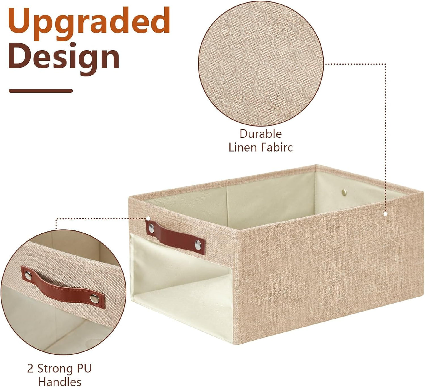 Medium Storage Baskets with Clear Window, See Through Closet Organizer with PU Handles, Linen Foldable Storage Bins for Organizing Clothes, Toys, Books (Khaki)