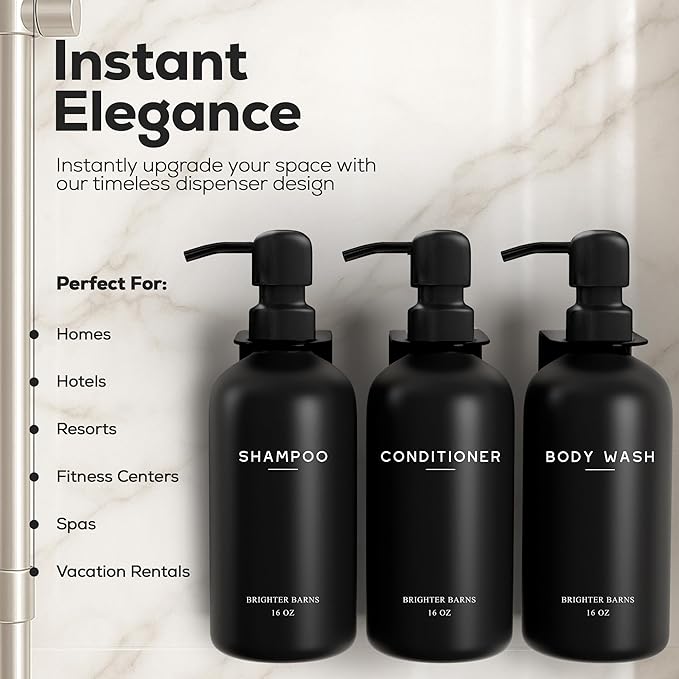 Black Shampoo and Conditioner Dispenser Set Wall Mounted by Brighter Barns - 3 Chamber No Drill Shampoo Bottles for Shower Wall - Refillable Plastic Shower Soap Dispenser for Airbnb, RV, Hotel (Black)