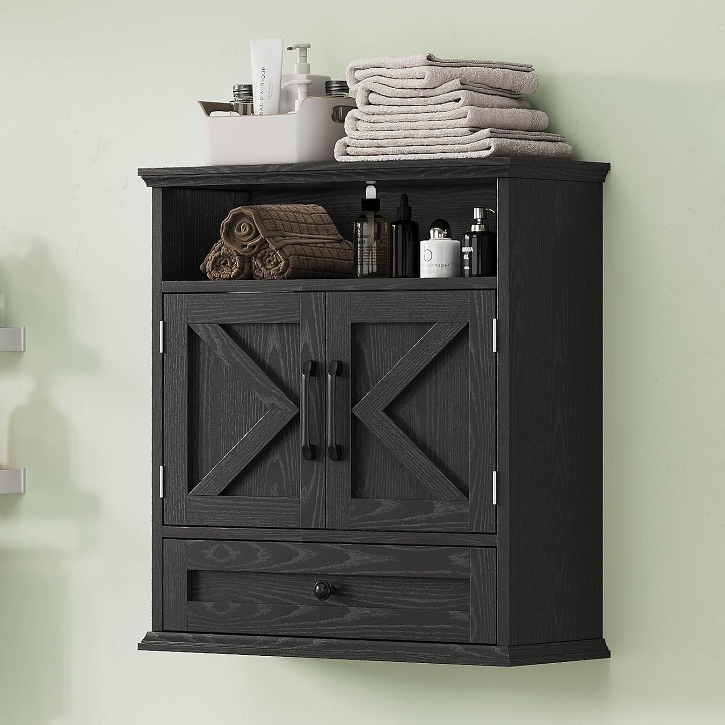 Bathroom Wall Cabinet, Wall Mounted Medicine Cabinet with Drawer, Barn Door & Adjustable Shelf, 24.4"H x 23.6"W x 9"D Black Over Toilet Farmhouse Storage Cabinet for Kitchen, Laundry, Entryway