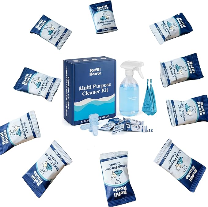 All Purpose Cleaner Starter Kit – Eco-Friendly Multipurpose Cleaner Set with Refillable Glass Spray Bottle, 12 Concentrated Cleaner Tablets & 2 Microfiber Cloths（12 x 16 Fl oz）–Plastic-Free