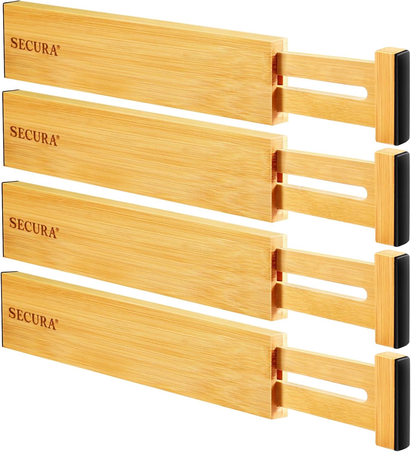 Secura Bamboo Drawer Dividers Organizer 4-Pack, Adjustable Drawer Separators Expandable from 12.0-17.1 inches for Kitchen, Office, Bathroom, Closet, Dresser