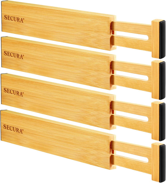 Secura Bamboo Drawer Dividers Organizer 4-Pack, Adjustable Drawer Separators Expandable from 12.0-17.1 inches for Kitchen, Office, Bathroom, Closet, Dresser