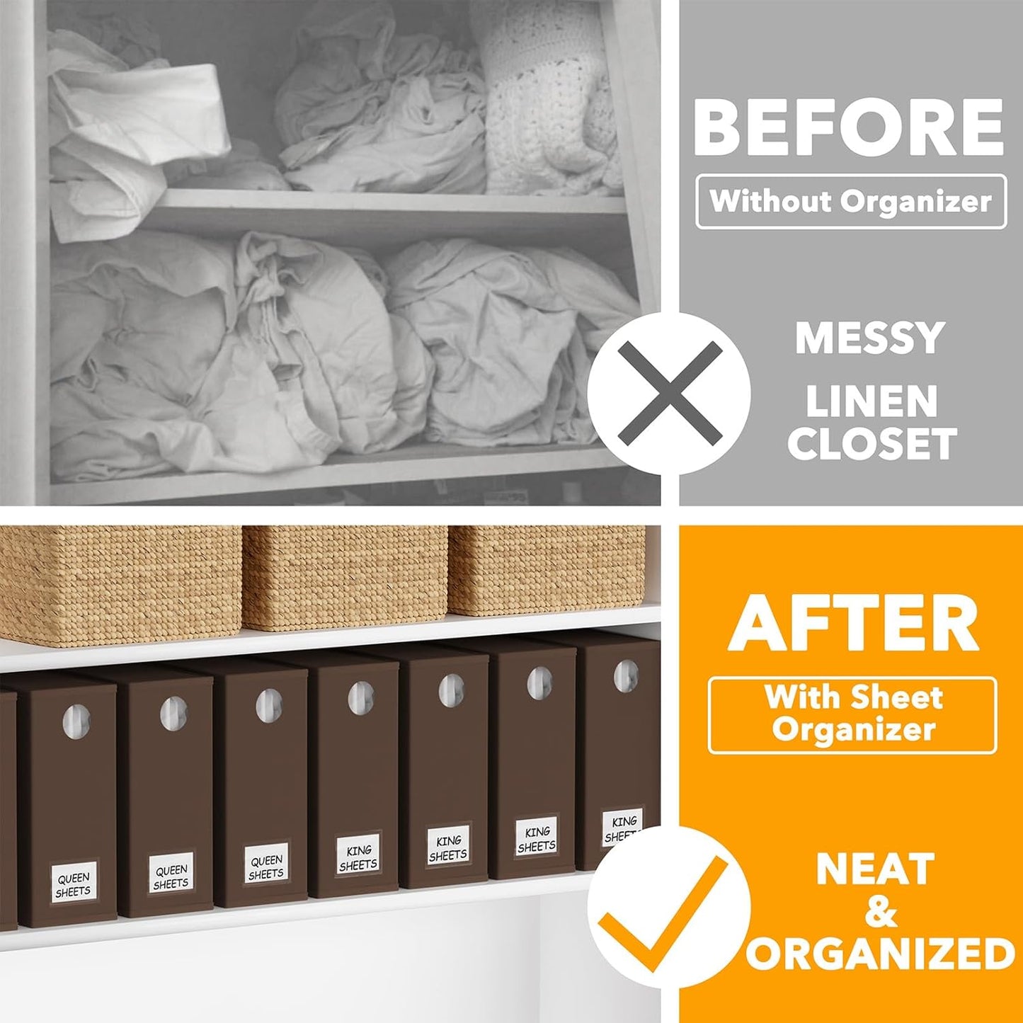 SpaceAid 8 Pack Bed Sheet Organizers and Storage, Foldable Linen Closet Organizer, Set Folder Keeper With Window XL (Queen & King Size) Bedding Container (Brown)