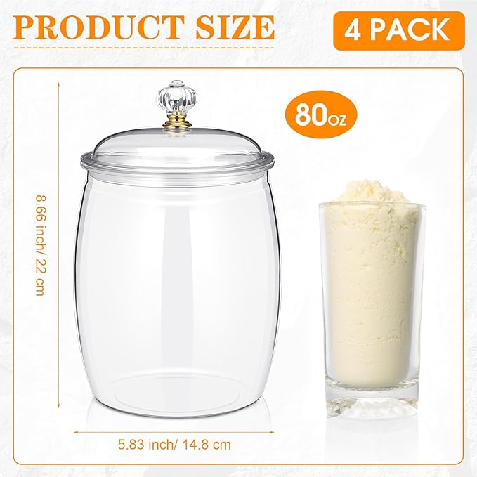 Nuogo 4 Pcs Plastic Candy and Cookie Jars with Lids Clear Cookie Container Candy Jars Large Airtight Apothecary Storage Organization for Wedding Home Kitchen Bar(80 oz)