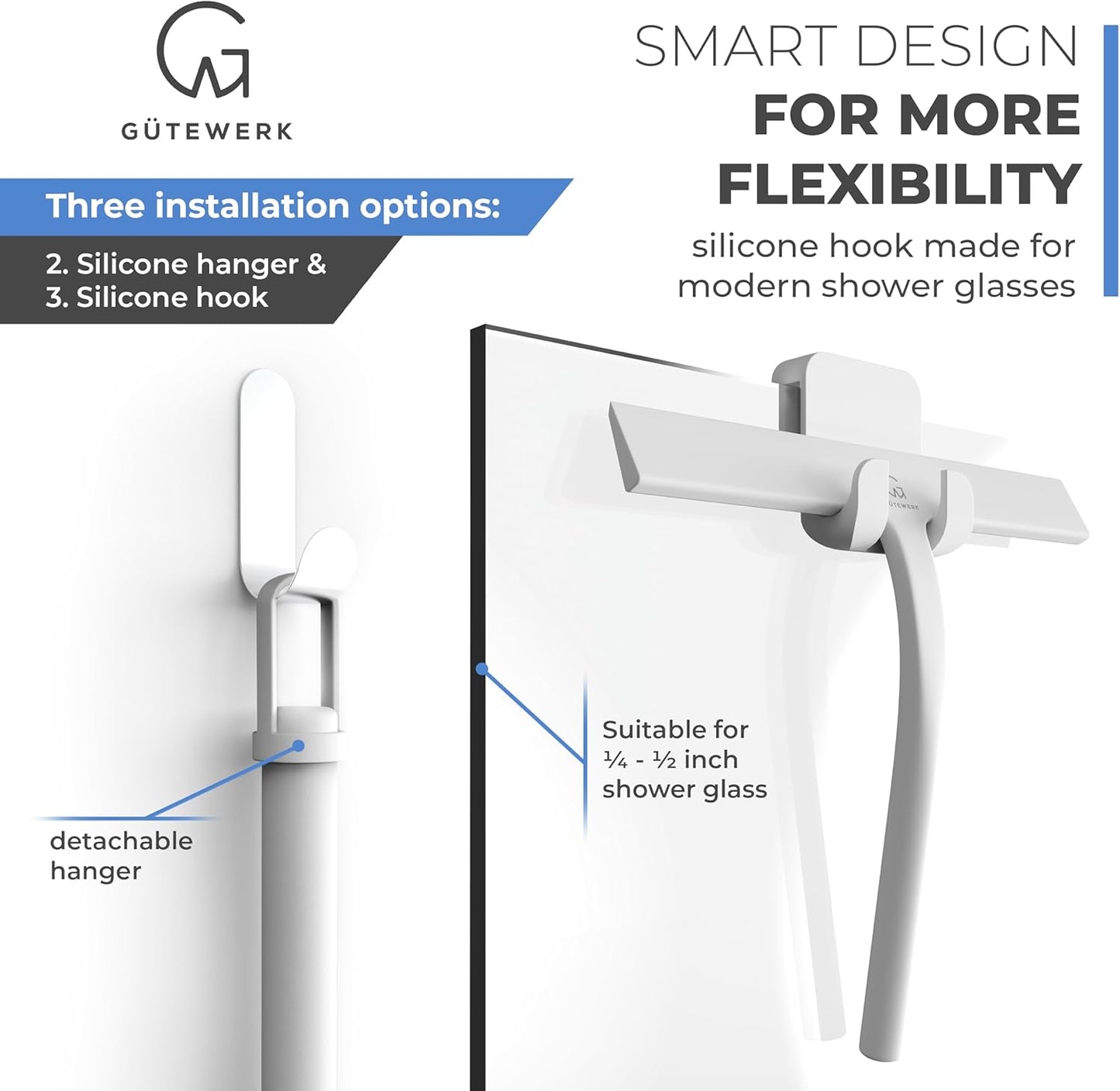 GÜTEWERK Shower Squeegee for Glass Doors, Silicone Window Squeegee, Bathroom and Glass Cleaning - White - 9 Inch