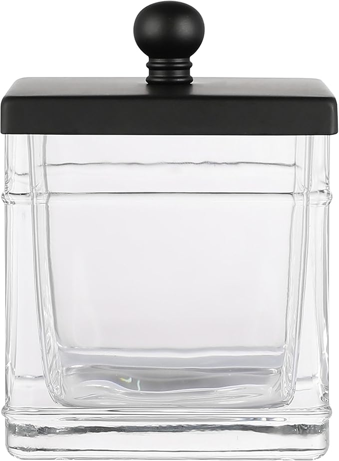 Clear Transparent Hotel Style Apothecary Tempered Glass Canister Jar W/ Matte Black Metal Lid Cover, Classic Countertop Organizer for Cotton balls/pads, Floss Picks, Makeup Storage