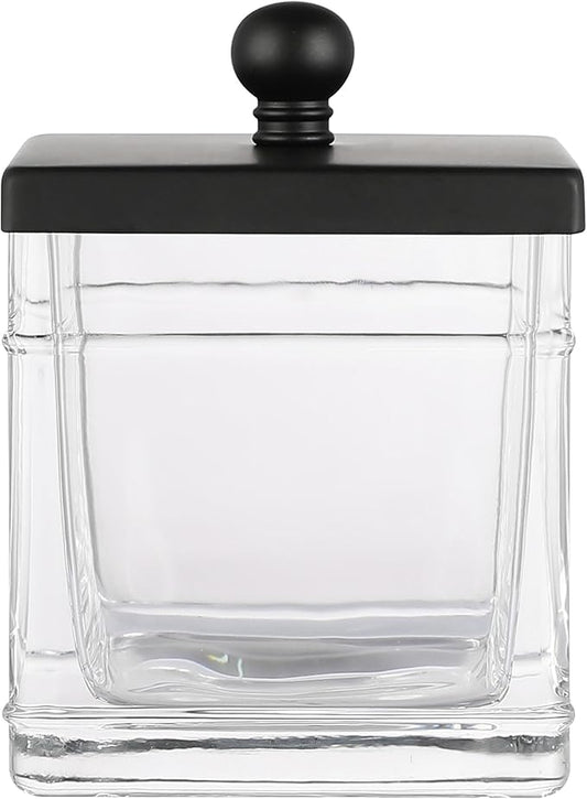 Clear Transparent Hotel Style Apothecary Tempered Glass Canister Jar W/ Matte Black Metal Lid Cover, Classic Countertop Organizer for Cotton balls/pads, Floss Picks, Makeup Storage